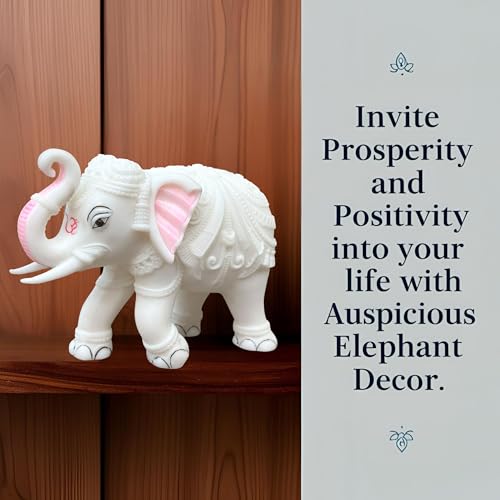 White Marble Elephant Statue Pair (3x4 Inches), Trunk Up Decorative Elephant Figurine for Home Entrance