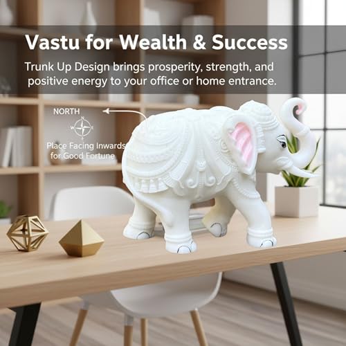 Elegant White Jumbo Elephant Statue Trunk Up | Handcrafted Marble Dust Decorative Piece for Prosperity Good Fortune |
