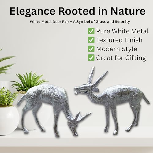 Set of 2 White Metal Deer Figurines – Handcrafted Decorative Animal Showpieces, Elegant Home & Office Decor