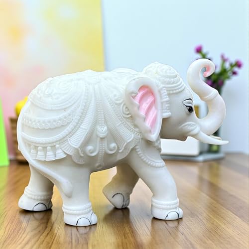 Elegant White Jumbo Elephant Statue Trunk Up | Handcrafted Marble Dust Decorative Piece for Prosperity Good Fortune |