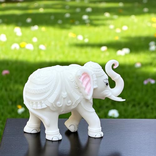 White Marble Elephant Statue Pair (3x4 Inches), Trunk Up Decorative Elephant Figurine for Home Entrance