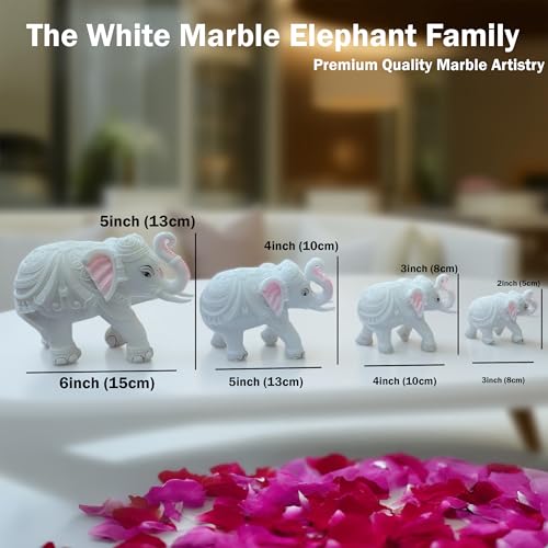 White Marble Elephant Statue Pair (3x4 Inches), Trunk Up Decorative Elephant Figurine for Home Entrance