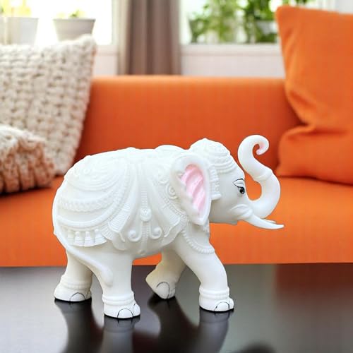 White Marble Elephant Statue Pair (3x4 Inches), Trunk Up Decorative Elephant Figurine for Home Entrance