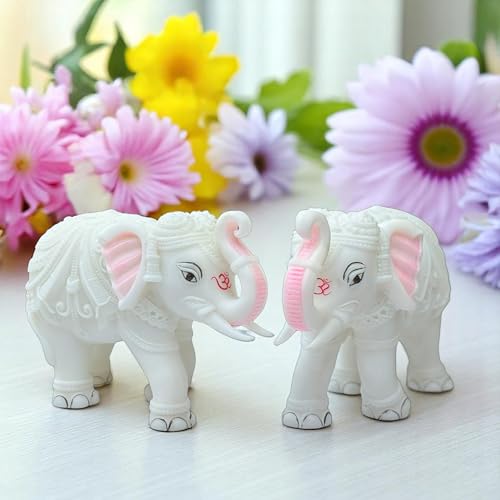 White Marble Elephant Statue Pair (5x6 Inches), Trunk Up Decorative Elephant Figurine for Home Entrance