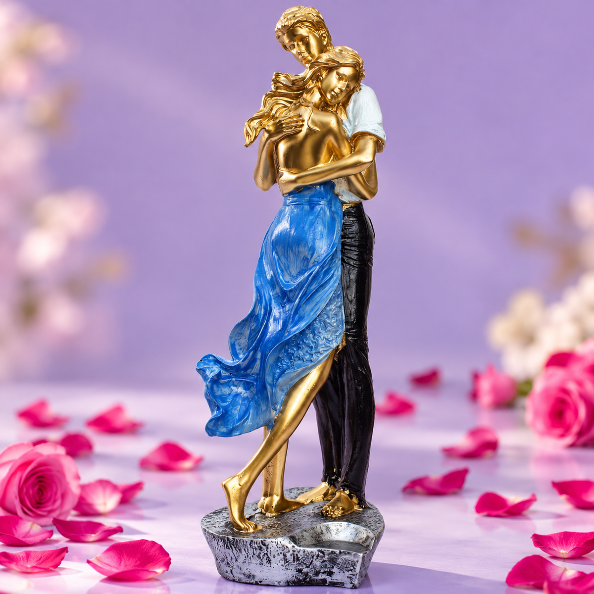 Romantic Couple Showpiece – Elegant Gold & Blue Dancing Couple Statue for Home Décor, Anniversary & Wedding Gift