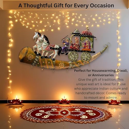 Traditional Indian Wall Decor – Iron Chariot with Horses & Royal Figures