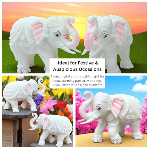 White Marble Elephant Statue Pair (5x6 Inches), Trunk Up Decorative Elephant Figurine for Home Entrance