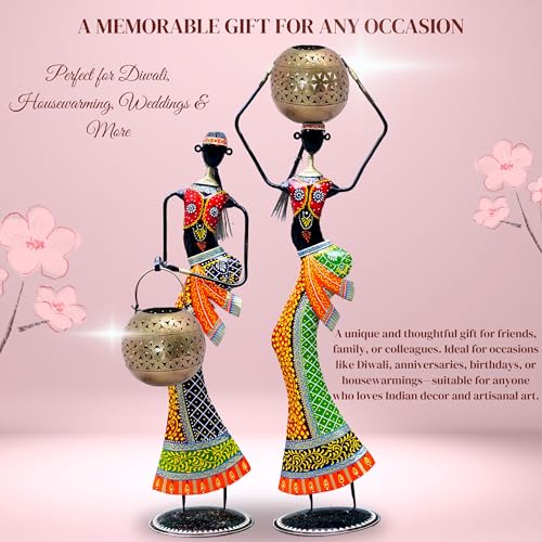 Tribal Lady Statue Set with Detachable Tealight Holder Incense Burner for Home Decor | 30 & 26 Inch Handcrafted