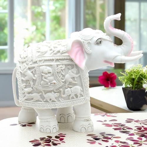 Elegant White Jumbo Elephant Statue Trunk Up | Handcrafted Marble Dust Decorative Piece for Prosperity Good Fortune |