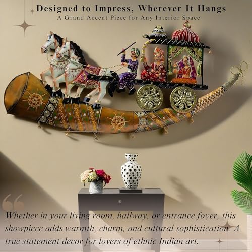 Traditional Indian Wall Decor – Iron Chariot with Horses & Royal Figures