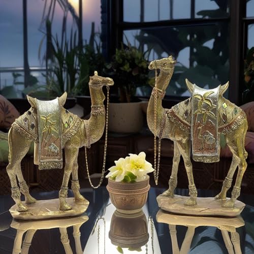 Luxurious Gold Camel Statue Set - Intricately Detailed Poly-Resin Home Décor Showpiece - Gift for Living Room, Office, Shelf & Mantel - Set of 2 Decorative Camels, 9.5” & 8.5”