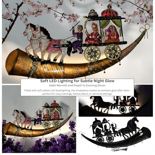 Traditional Indian Wall Decor – Iron Chariot with Horses & Royal Figures