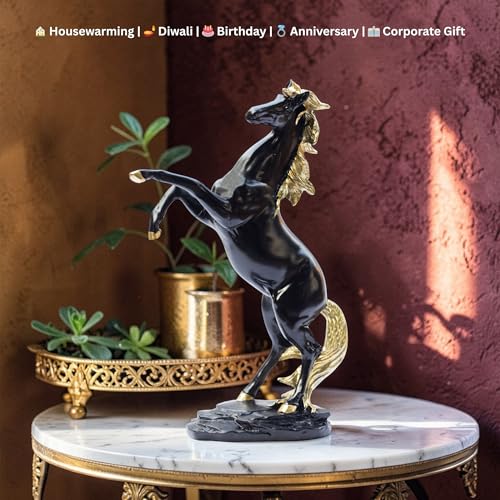 Premium Black & Gold Standing Horse Statue Showpiece | 11.5 Inch Resin Figurine for Vastu Feng Shui | Home Office