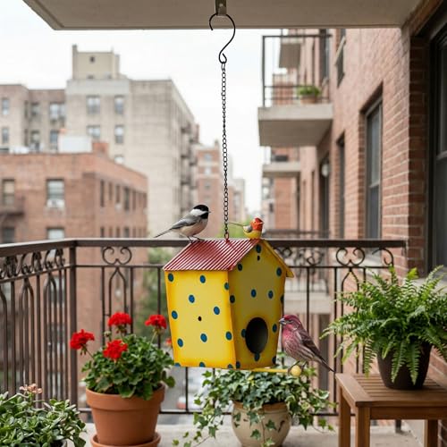 Metal Bird House Nest for Outdoor Garden Hanging Decor | Weather Resistant Bird Nest Box with Hook Chain for Sparrow Budgies Finches Love Birds | Home Balcony Showpiece