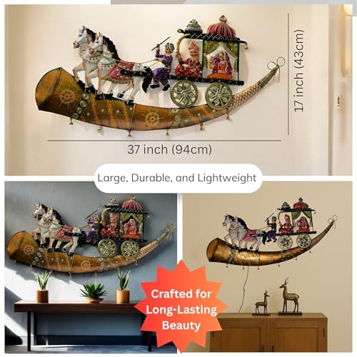 Traditional Indian Wall Decor – Iron Chariot with Horses & Royal Figures