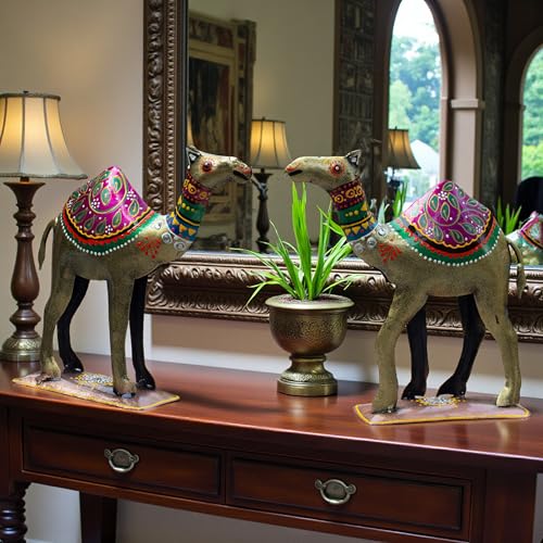 Decorative Camel Statue Set of 2 | Vastu Approved Hand Painted Meenakari Iron Showpiece | Rajasthani Folk Art for
