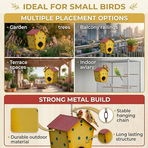Metal Bird House Nest for Outdoor Garden Hanging Decor | Weather Resistant Bird Nest Box with Hook Chain for Sparrow