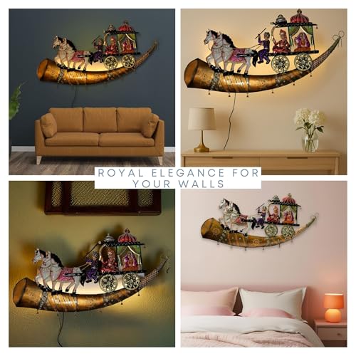 Traditional Indian Wall Decor – Iron Chariot with Horses & Royal Figures