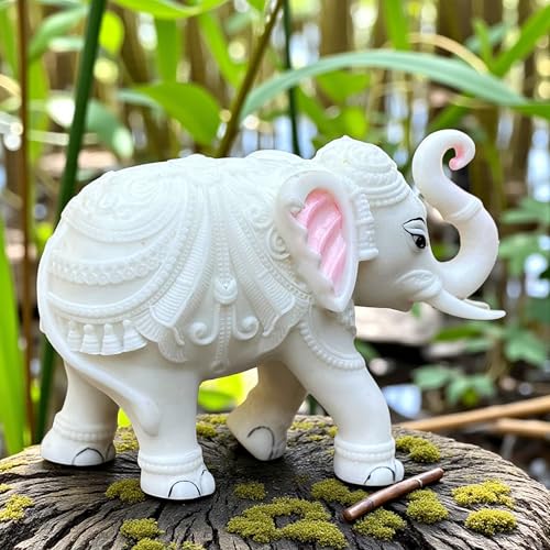 Elegant White Jumbo Elephant Statue Trunk Up | Handcrafted Marble Dust Decorative Piece for Prosperity Good Fortune |