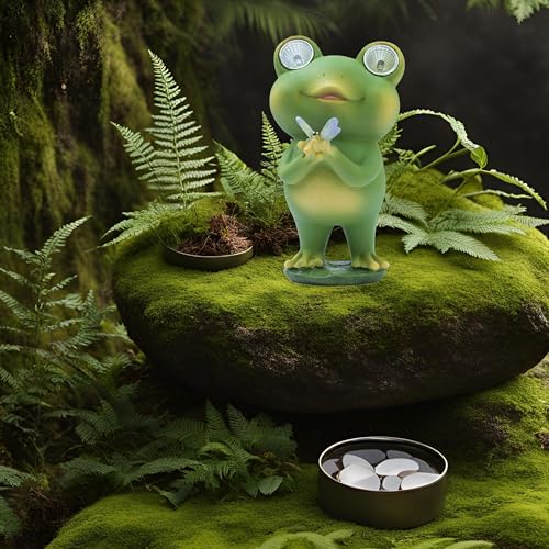 Playful Solar-Powered Resin Adorable Frog Statue – Perfect Garden and Indoor Decor with Auto Light-Up Eyes (Butterfly)
