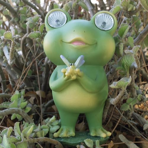 Playful Solar-Powered Resin Adorable Frog Statue – Perfect Garden and Indoor Decor with Auto Light-Up Eyes (Butterfly)