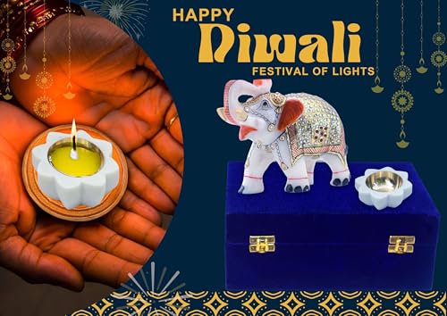 Diwali Gift Set with Handcrafted 5-Inch Marble Elephant & 3-Inch Marble Diya – Ideal for Home Decor, Vastu, Feng Shui