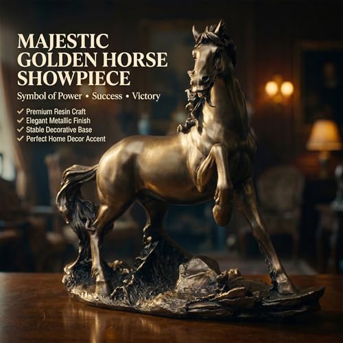 Golden Horse Showpiece Statue for Home Decor 9 Inch Resin Horse Figurine | Vastu Feng Shui Horse Statue for Office Desk
