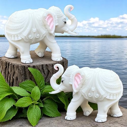 White Marble Elephant Statue Pair (3x4 Inches), Trunk Up Decorative Elephant Figurine for Home Entrance