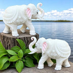 White Marble Elephant Statue Pair (5x6 Inches), Trunk Up Decorative Elephant Figurine for Home Entrance