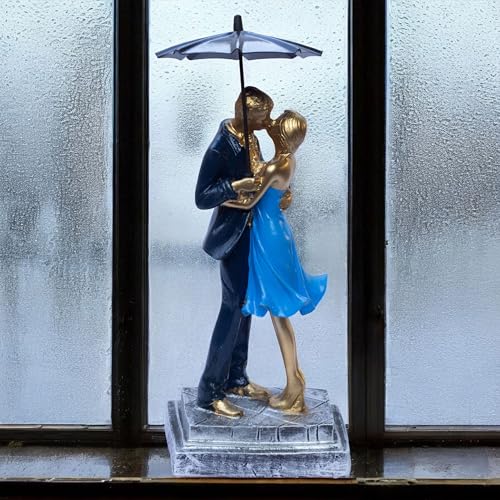 Romantic Couple Figurine with Umbrella | Gold Love Statue for Home Decor