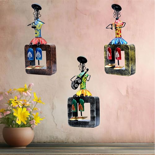 Musician Dolls Wall Hanging Metal Showpieces Handmade Iron Home Decor Tabletop Statues for Living Room, Decorative Items for Home Wall, Festive Gifting, Housewarming Present