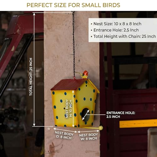 Metal Bird House Nest for Outdoor Garden Hanging Decor | Weather Resistant Bird Nest Box with Hook Chain for Sparrow