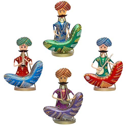 Rajasthani Moustache Musicians - Hand-Painted Decorative Showpiece Set of 4 Musical Statues - Vibrant Tabletop & Wall-Mountable Figurines