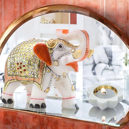 Diwali Gift Set with Handcrafted 5-Inch Marble Elephant & 3-Inch Marble Diya – Ideal for Home Decor, Vastu, Feng Shui