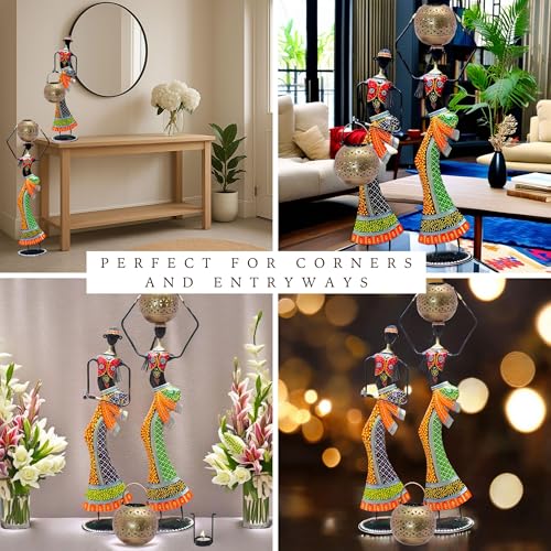 Tribal Lady Statue Set with Detachable Tealight Holder Incense Burner for Home Decor | 30 & 26 Inch Handcrafted