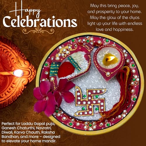 Marble Pooja Thali with Meenakari Work – 6 Inch Decorative Thali, Diya, Roli-Chandan Holder