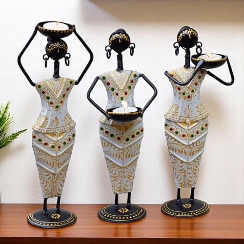 Traditional Tribal Tealight Holder Showpieces – Handmade Ethnic Decor for Home, Diwali, Wedding, Festivals