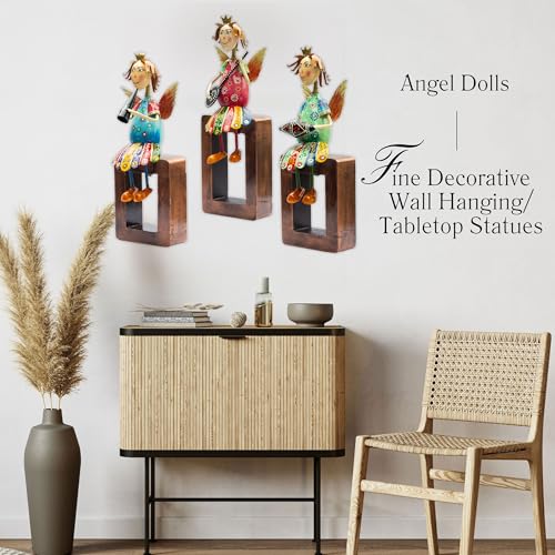 Angel Musician Statues – Set of 3 | Handcrafted Metal & Wood | Wall Hanging, Shelf Display