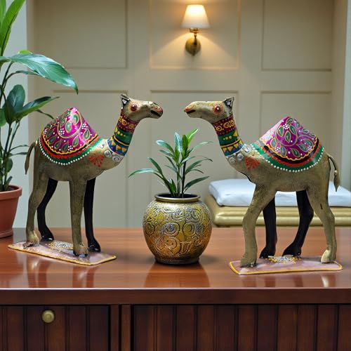 Decorative Camel Statue Set of 2 | Vastu Approved Hand Painted Meenakari Iron Showpiece | Rajasthani Folk Art for Living Room, Gifting & Home Décor