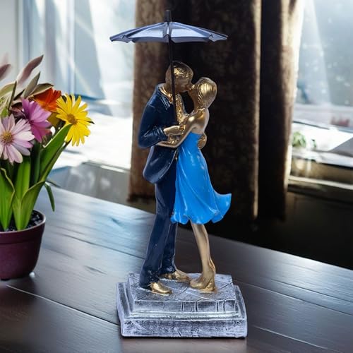 Romantic Couple Figurine with Umbrella | Gold Love Statue for Home Decor