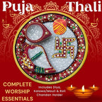 Marble Pooja Thali with Meenakari Work – 6 Inch Decorative Thali, Diya, Roli-Chandan Holder