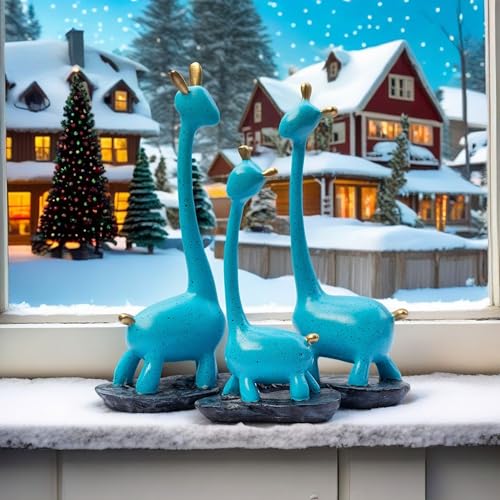 Blue Giraffe Poly Resin Decorative Statues (Set of 3 Pcs) – Modern Home Décor Showpiece with Gold Accents