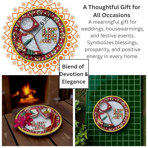 Marble Pooja Thali with Meenakari Work – 6 Inch Decorative Thali, Diya, Roli-Chandan Holder