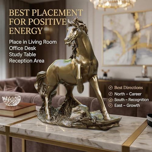 Golden Horse Showpiece Statue for Home Decor 9 Inch Resin Horse Figurine | Vastu Feng Shui Horse Statue for Office Desk
