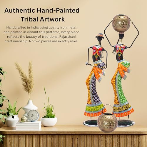 Tribal Lady Statue Set with Detachable Tealight Holder Incense Burner for Home Decor | 30 & 26 Inch Handcrafted