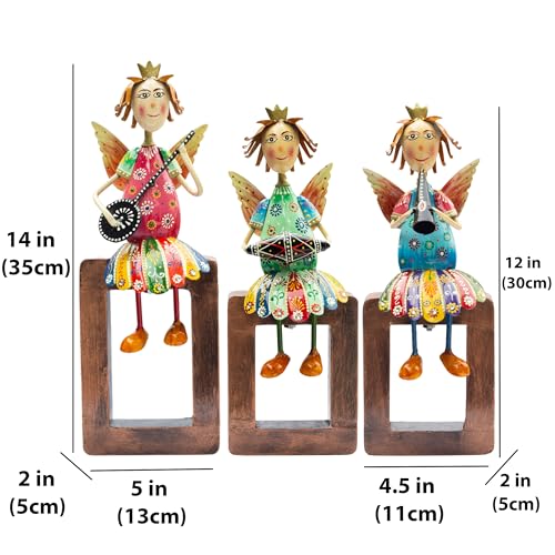 Angel Musician Statues – Set of 3 | Handcrafted Metal & Wood | Wall Hanging, Shelf Display