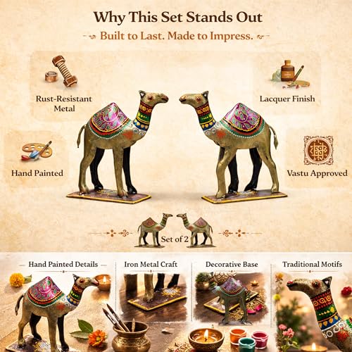 Decorative Camel Statue Set of 2 | Vastu Approved Hand Painted Meenakari Iron Showpiece | Rajasthani Folk Art for