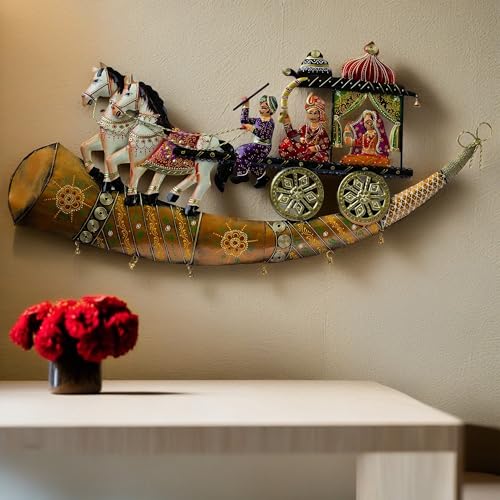 Traditional Indian Wall Decor – Iron Chariot with Horses & Royal Figures