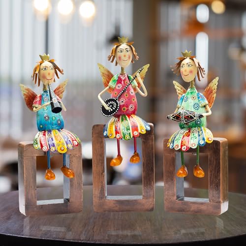 Angel Musician Statues – Set of 3 | Handcrafted Metal & Wood | Wall Hanging, Shelf Display