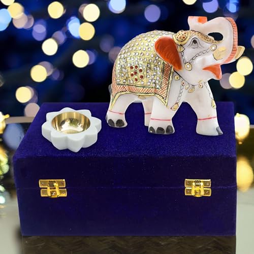 Diwali Gift Set with Handcrafted 5-Inch Marble Elephant & 3-Inch Marble Diya – Ideal for Home Decor, Vastu, Feng Shui